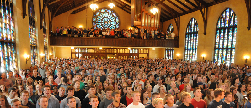 Dimnent Chapel is full of students for a service