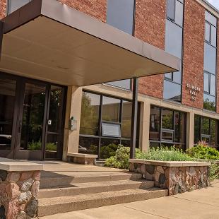 Exterior of the front of Gilmore Residence Hall from 10th Street