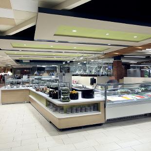 Empty dining hall showing some of the serving options.