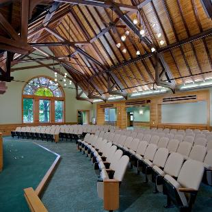 Rows of seats in the restored Winants Auditorium, inside Graves Hall