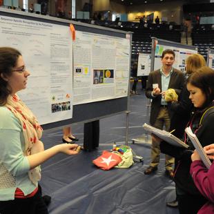 Students view two research posters during Celebration