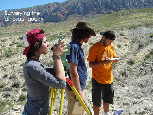 Students surveying dinosaur quarry with Leica Total Station