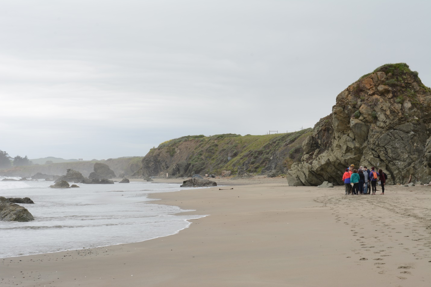 Students on a California beach by a rocky seaside cliff